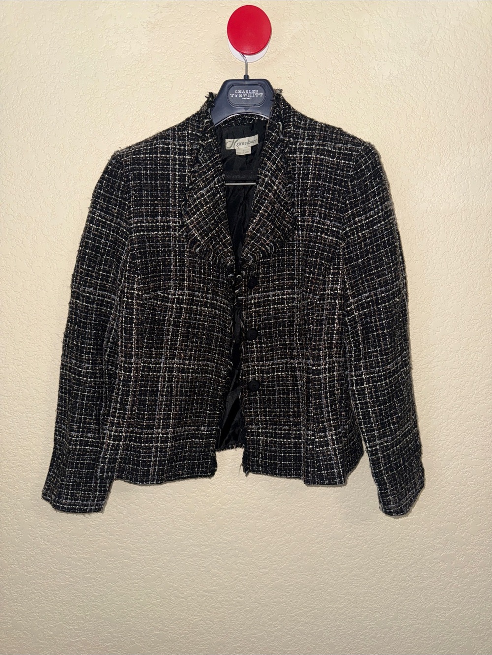 DressBarn Tweed Jacket Blazer Size 8 Black White Fringe Trim Career Classic